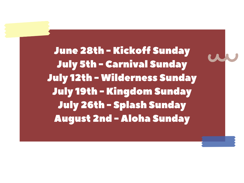 summer fest schedule on green background with fun shapes around it. june 22 kickoff sunday, june 29 superhero sunday, july 6 aloha sunday, july 13 zoo sunday, july 20 splash sunday, july 27 journey sunday(international)